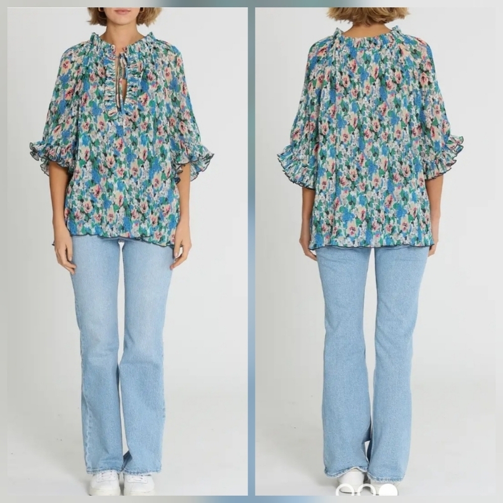 ❤️ NWOT! GANNI PLEATED GEORGETTE SHORT SLEEVE RUFFLE BLOUSE / TOP, 14